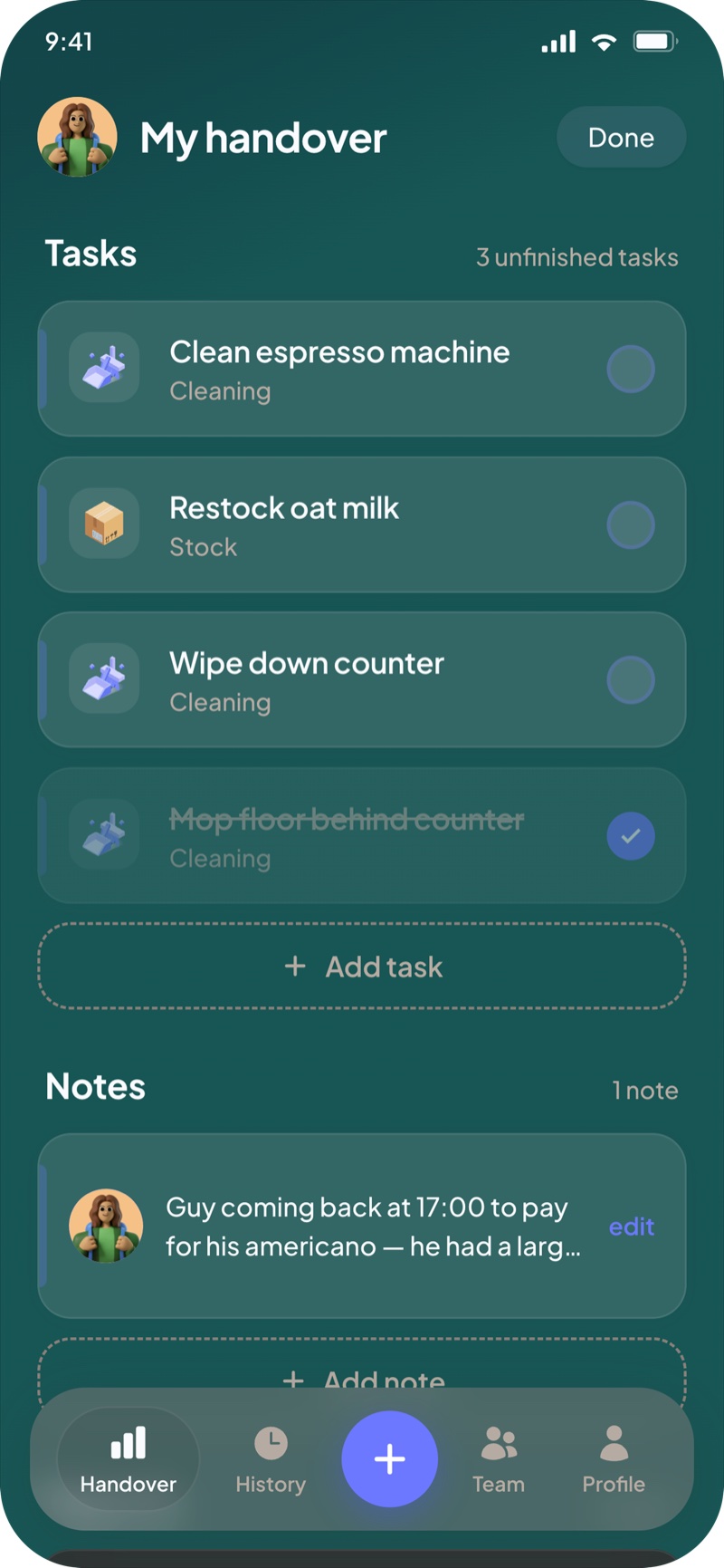 Handover screen, dark mode