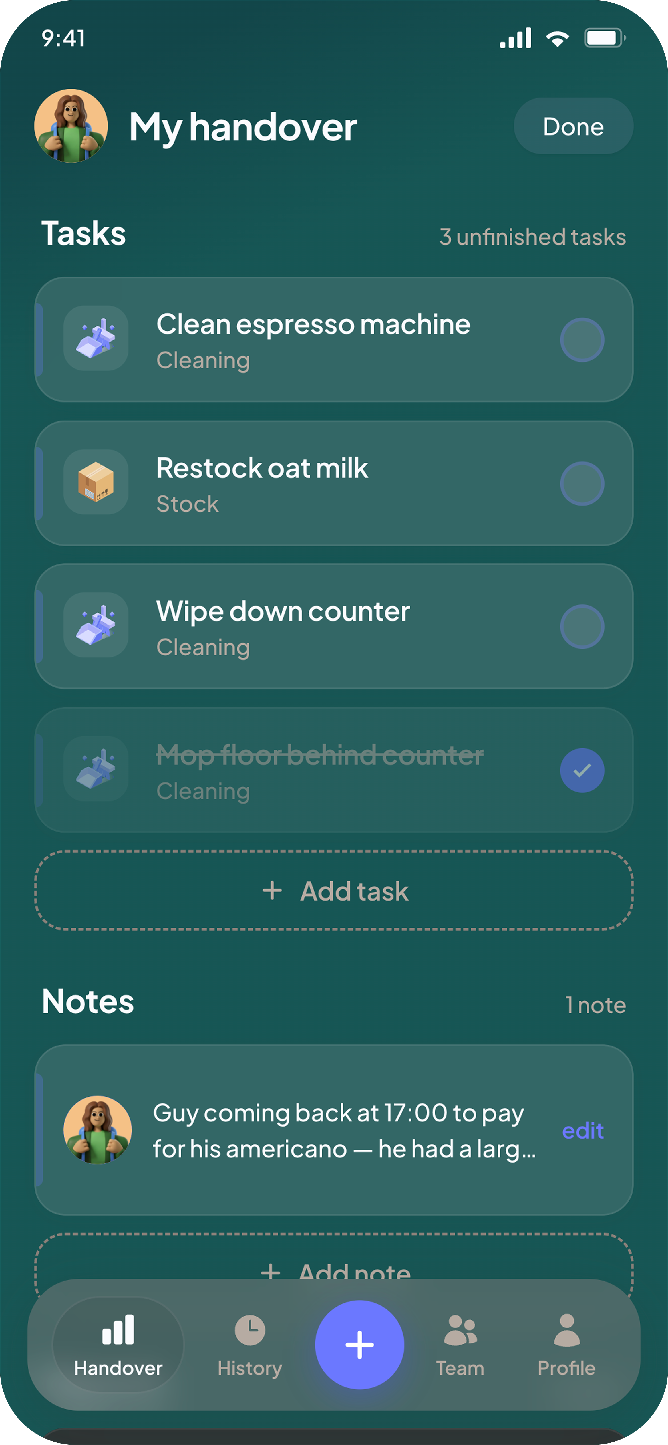 Handover screen, dark mode