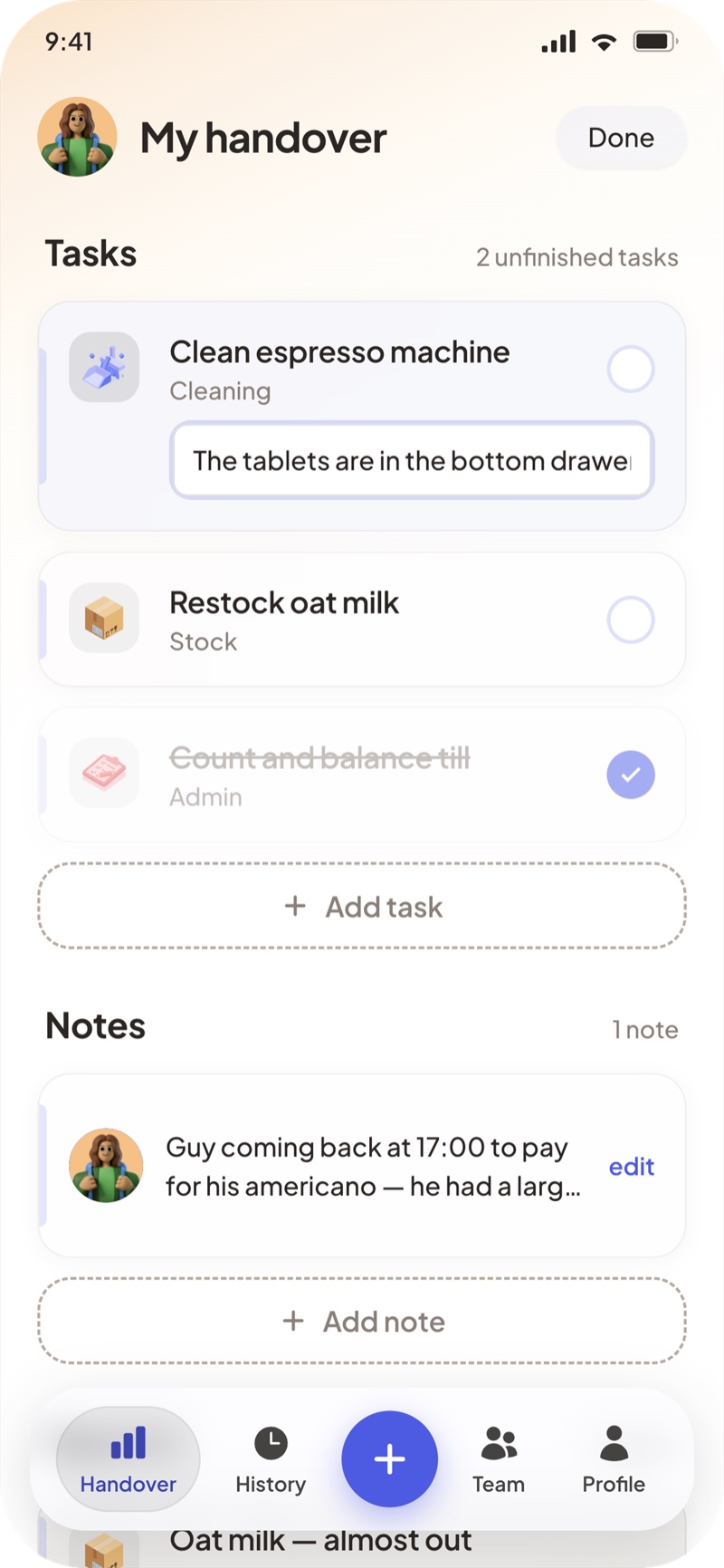 Handover screen, card expanded