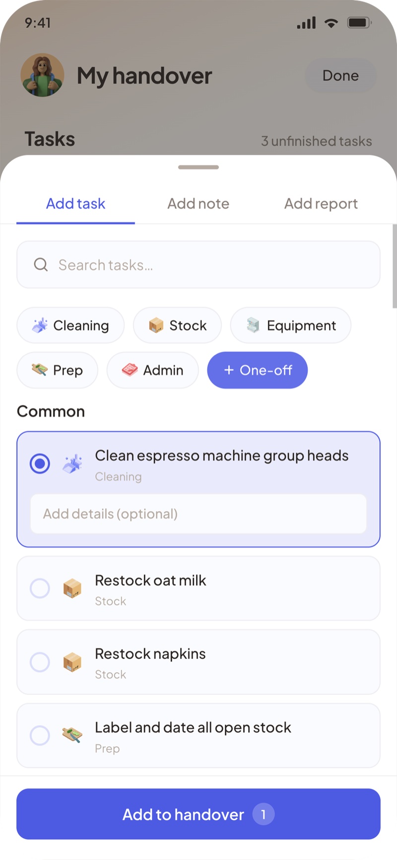 Task modal, default state
