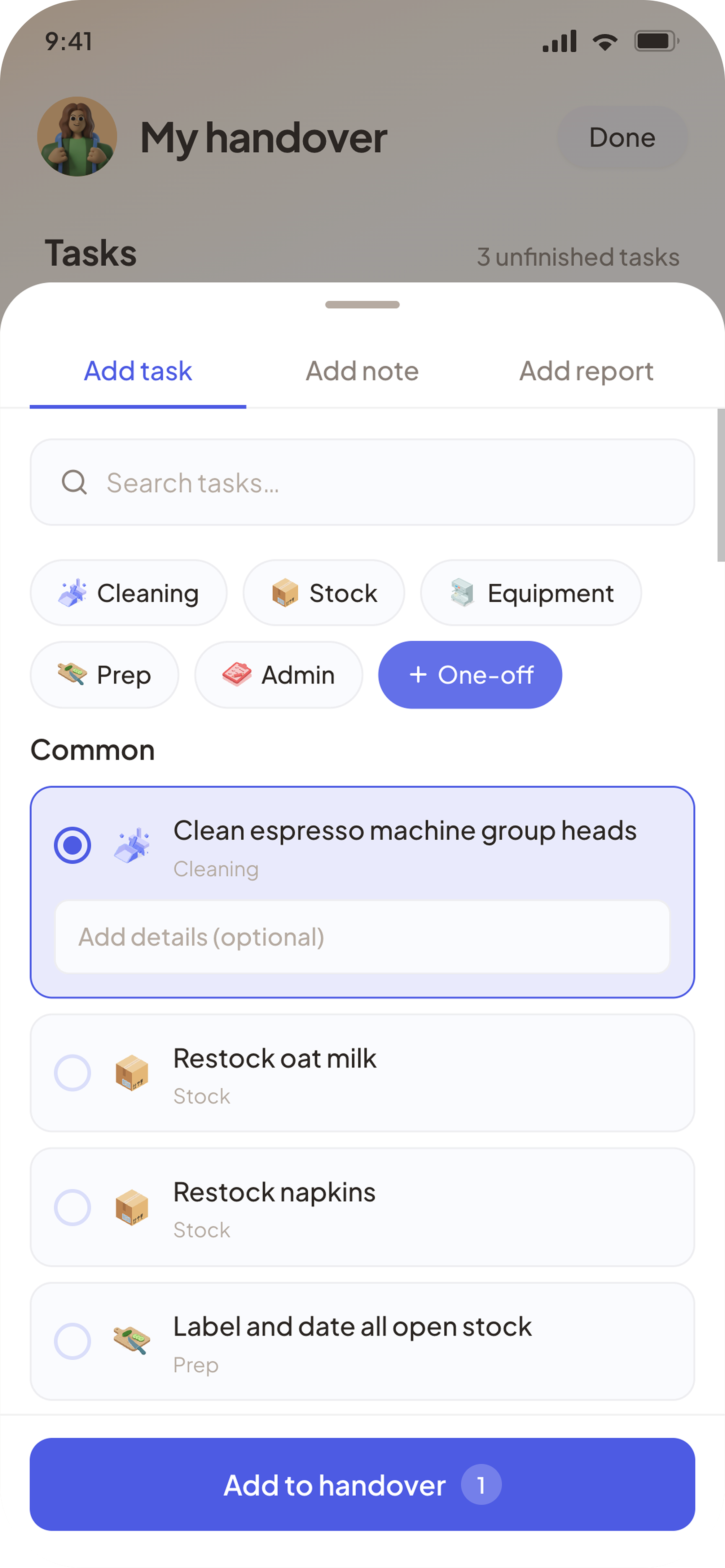 Task modal, default state