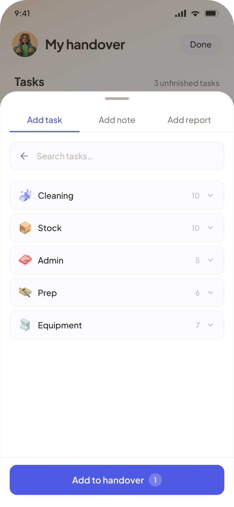 Task modal, item selected