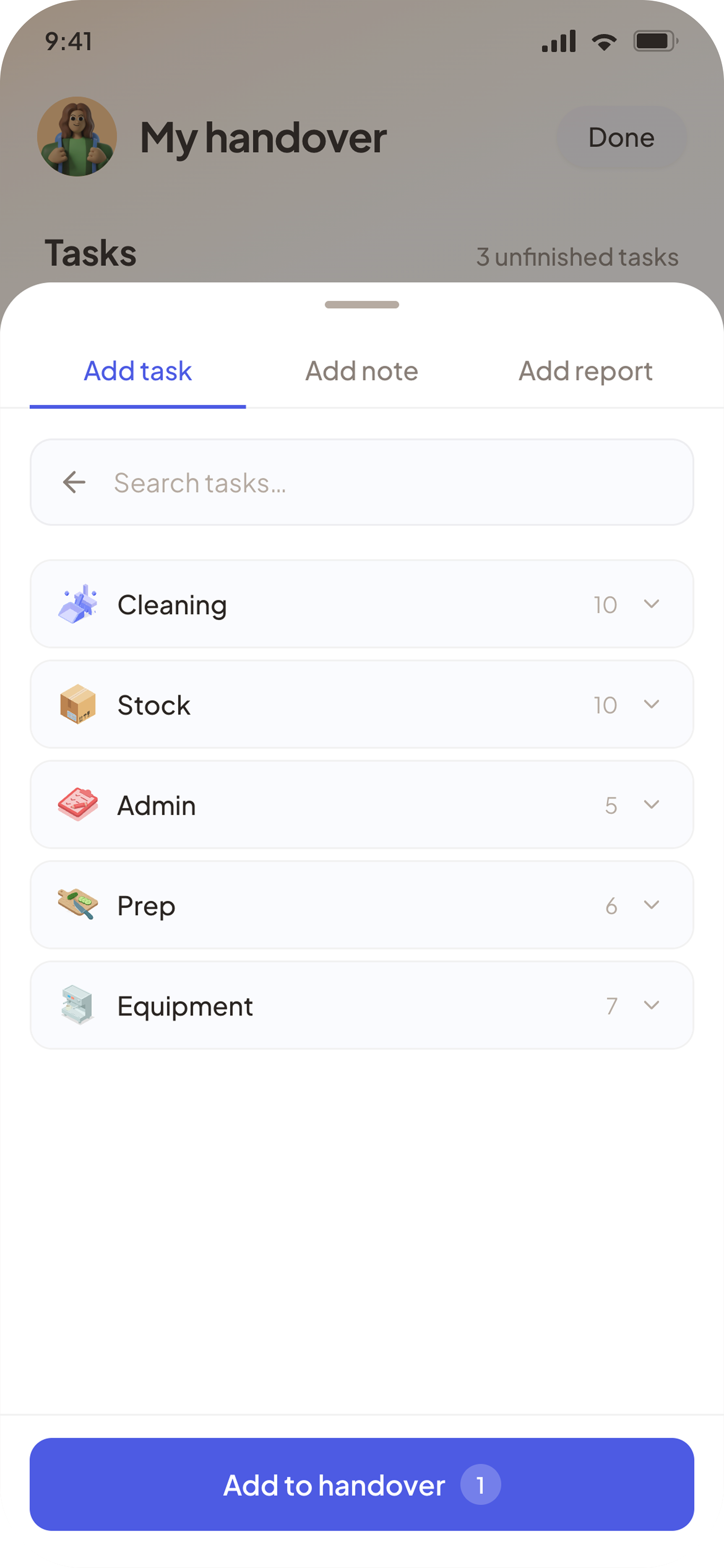 Task modal, item selected